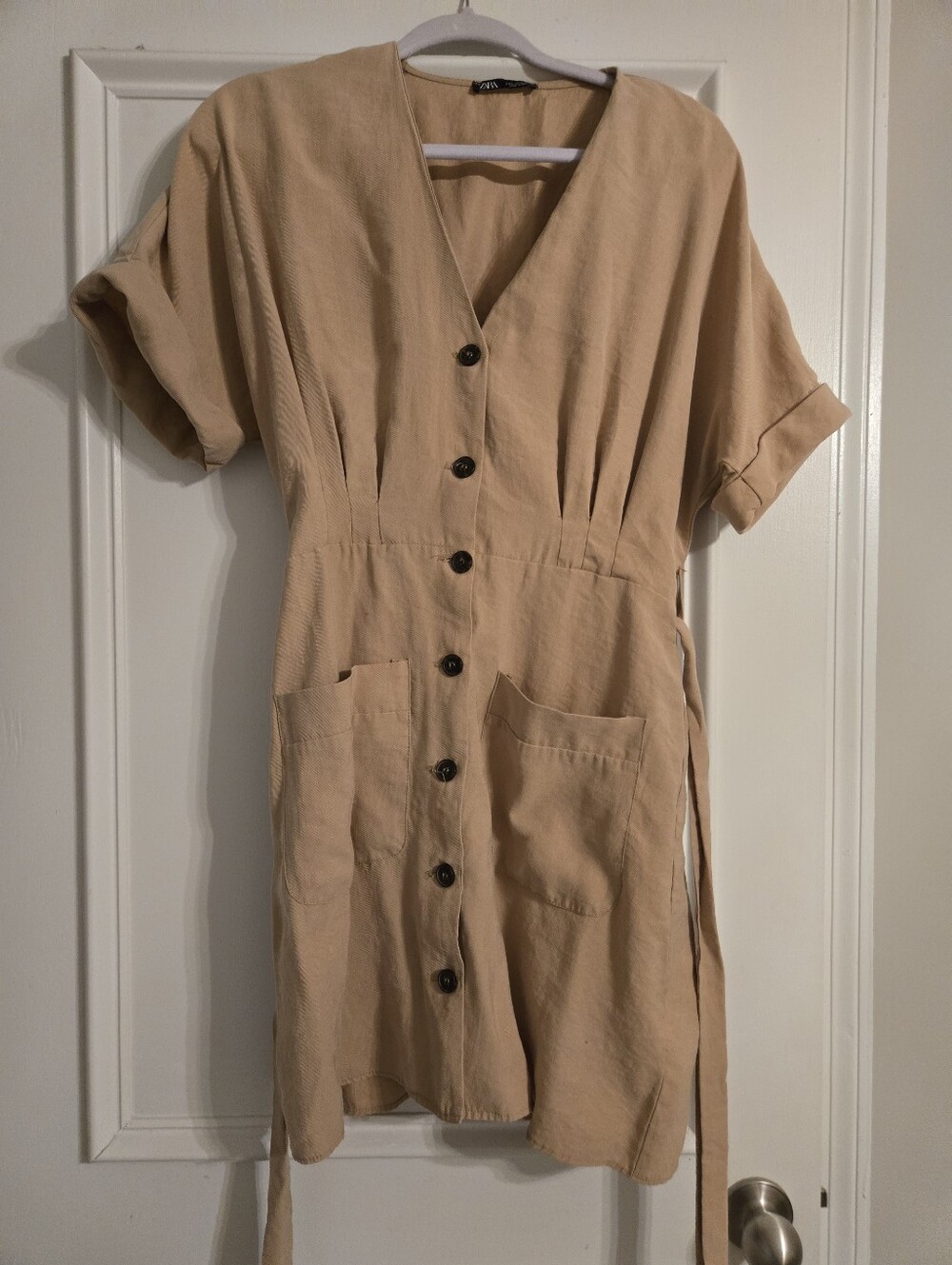 Zara Button-Front Short Sleeve Dress in Beige